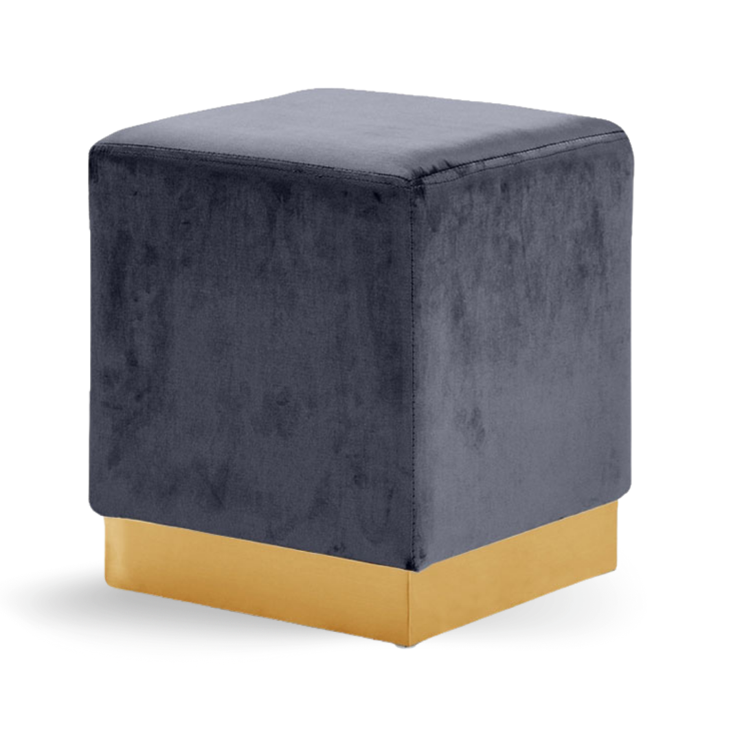 Dennis Ottoman Cube Gray Velvet Gold Base| Event Rentals Dubai