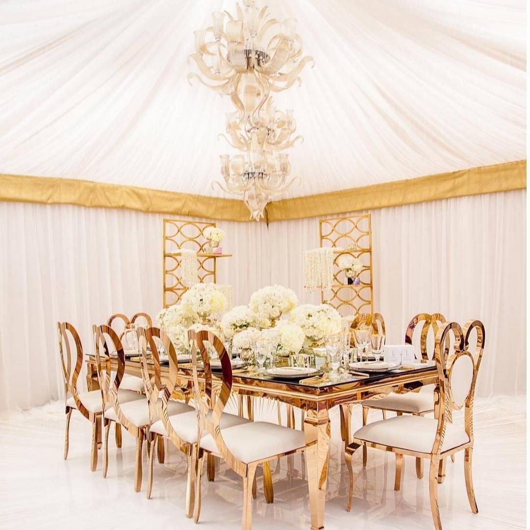 Event furniture rental Dubai GOLD STEAL DINING TABLE WITH MIRROR ON TOP 8-10 PEOPLE