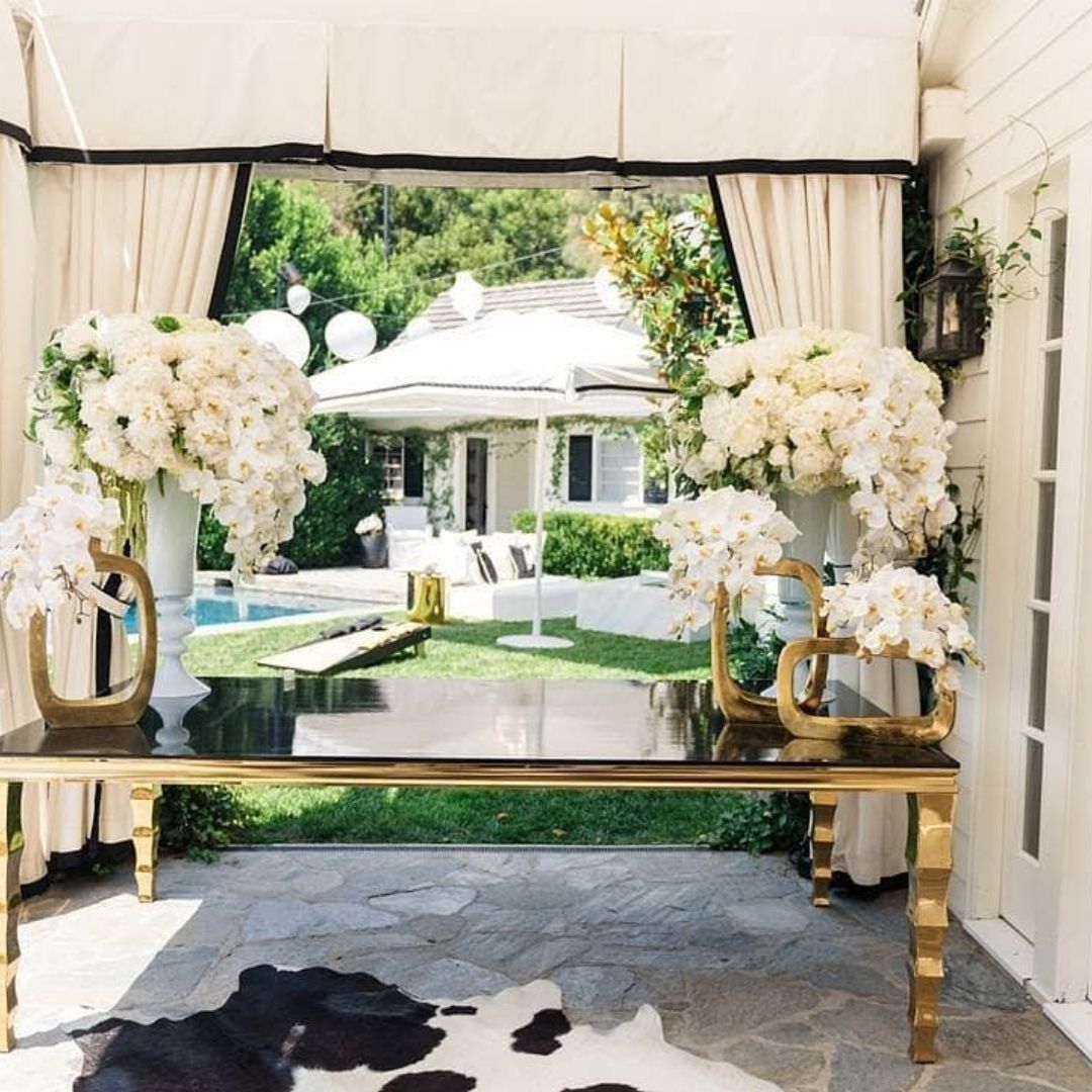 Event furniture rental Dubai GOLD STEAL DINING TABLE WITH MIRROR ON TOP 8-10 PEOPLE
