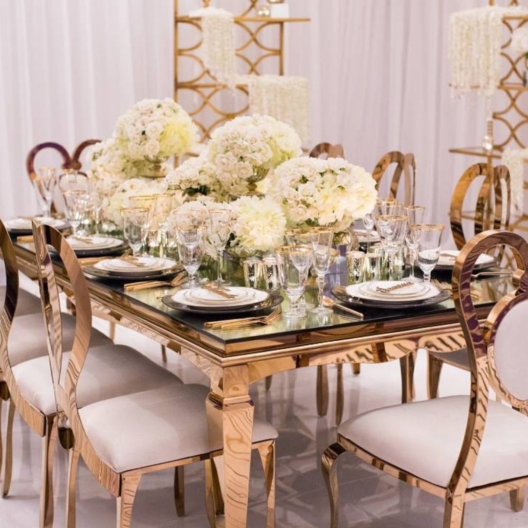 GOLD MIRROR-TOPPED DINING TABLE 8-10 PEOPLE