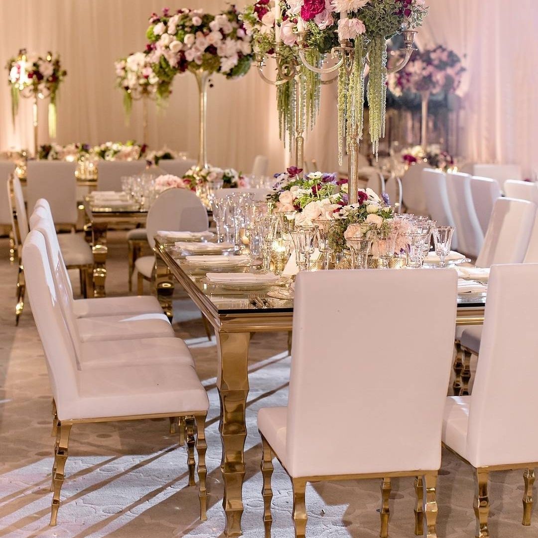 Event furniture rental Dubai GOLD STEAL DINING TABLE WITH MIRROR ON TOP 8-10 PEOPLE
