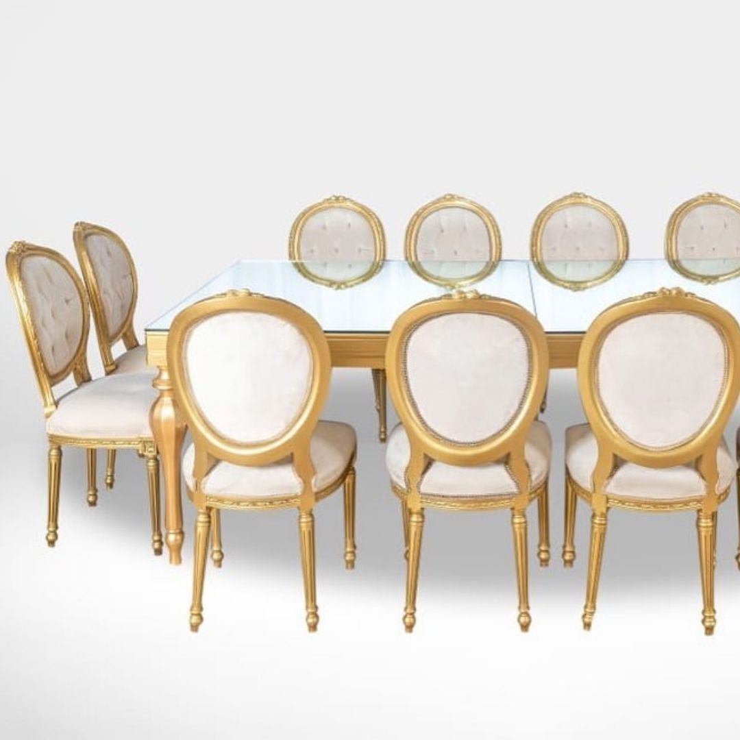 Golden Wooden Dining Table 8-12 ppl | Dubai Rental Furniture | Event Rentals