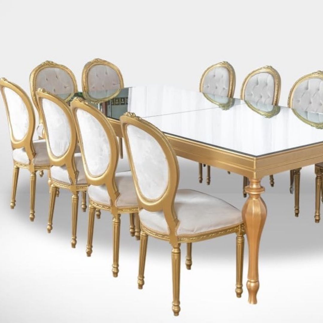 Golden Wooden Dining Table 8-12 ppl | Dubai Rental Furniture | Event Rentals