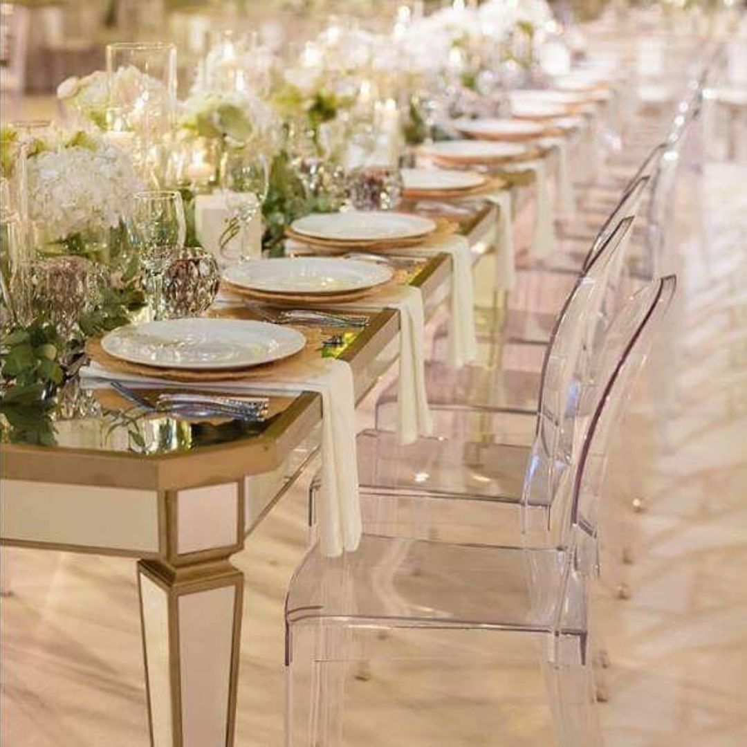 Gold mirror - topped dining table 8-10 people