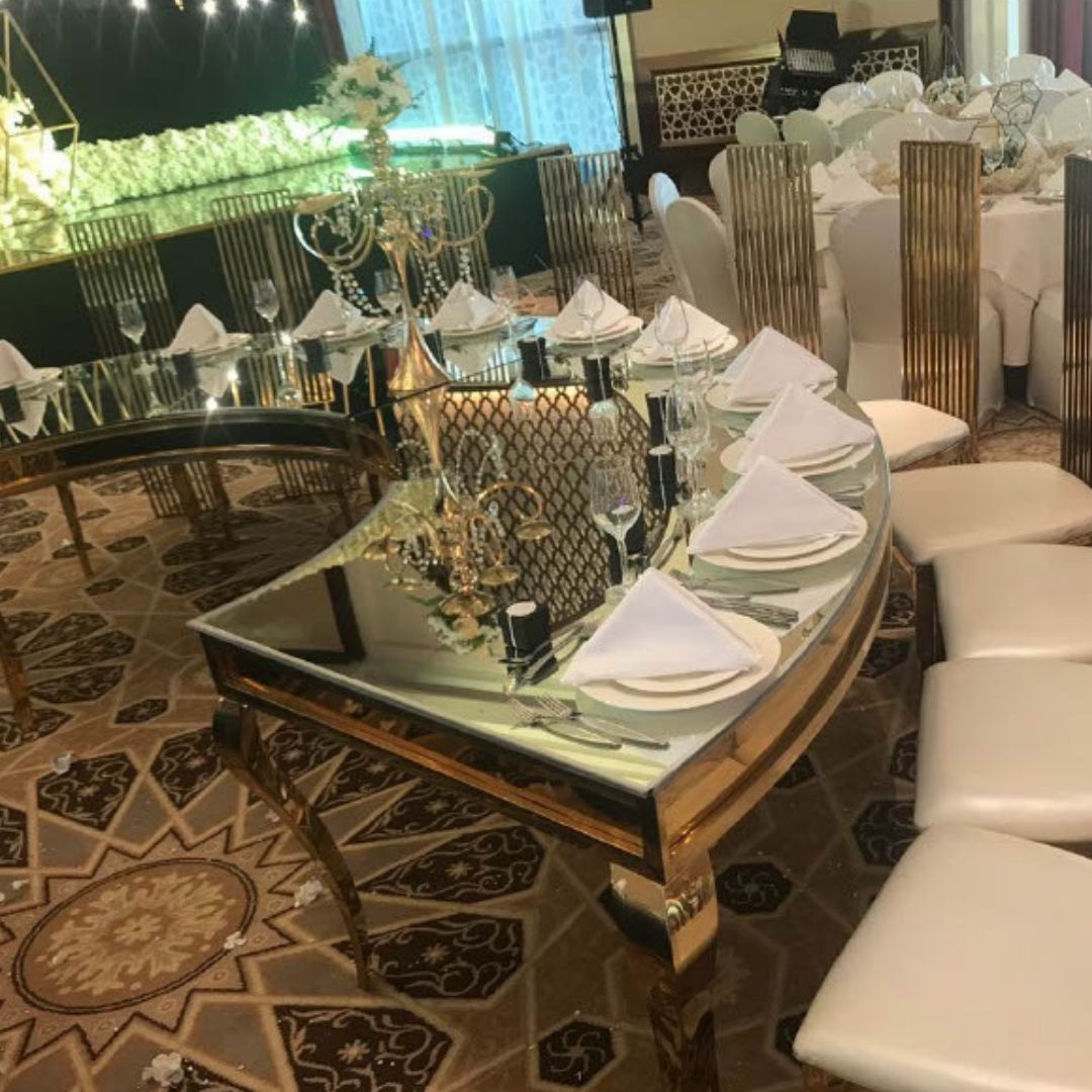 HALF MOON GOLD DINING TABLE FROSTED TOP 16-25 PEOPLE