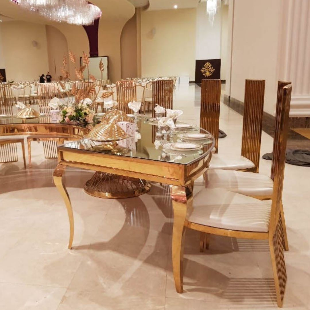 HALF MOON GOLD DINING TABLE FROSTED TOP 16-25 PEOPLE