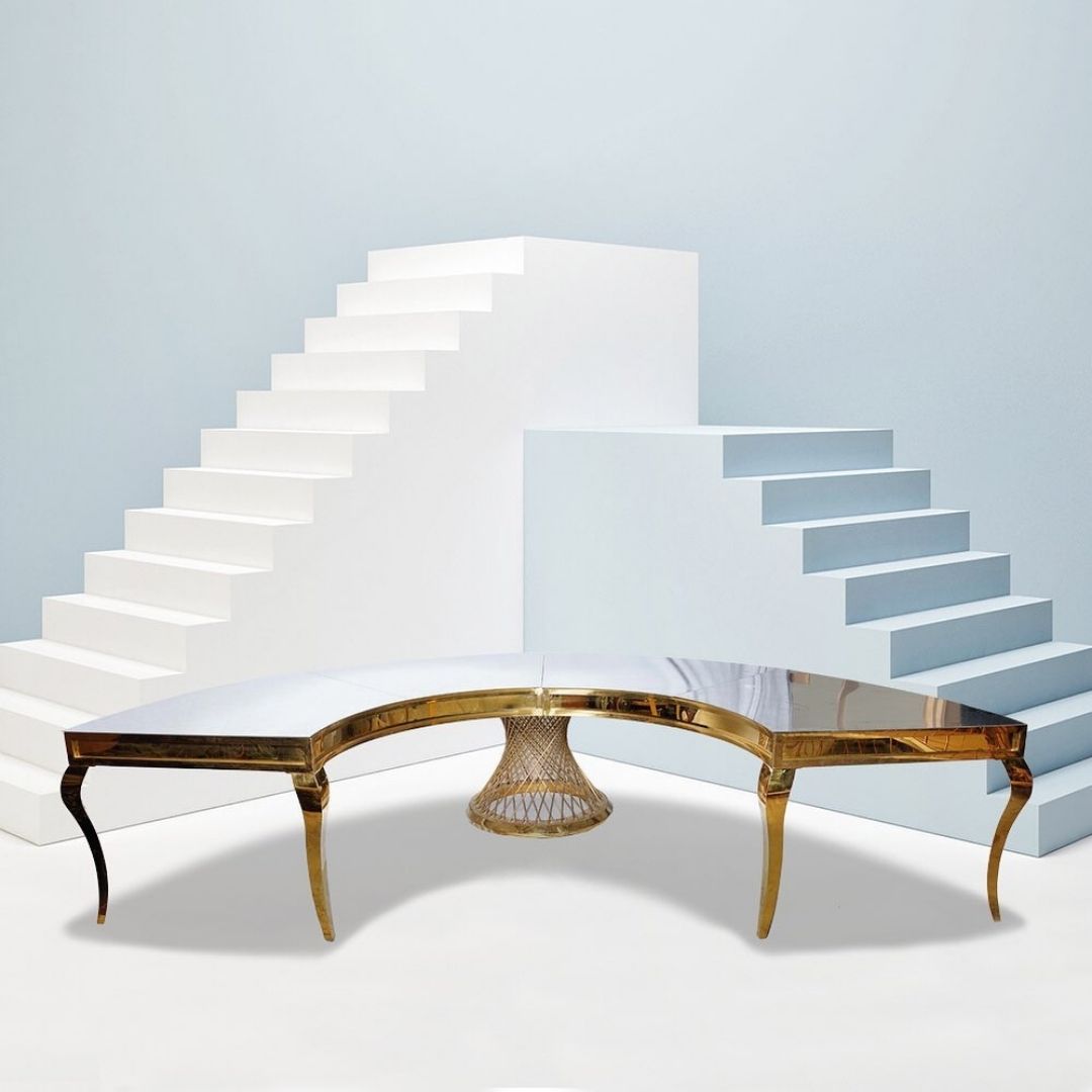 HALF MOON GOLD DINING TABLE FROSTED TOP 16-25 PEOPLE