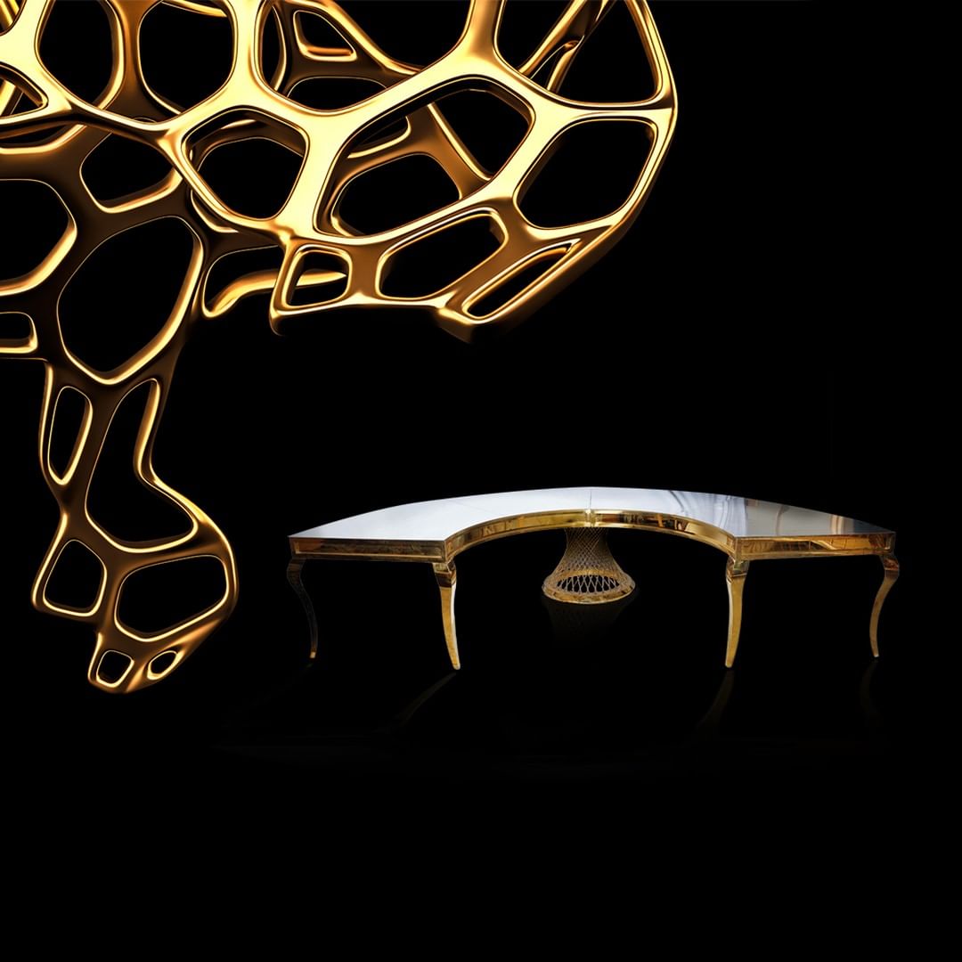 HALF MOON GOLD DINING TABLE FROSTED TOP 16-25 PEOPLE