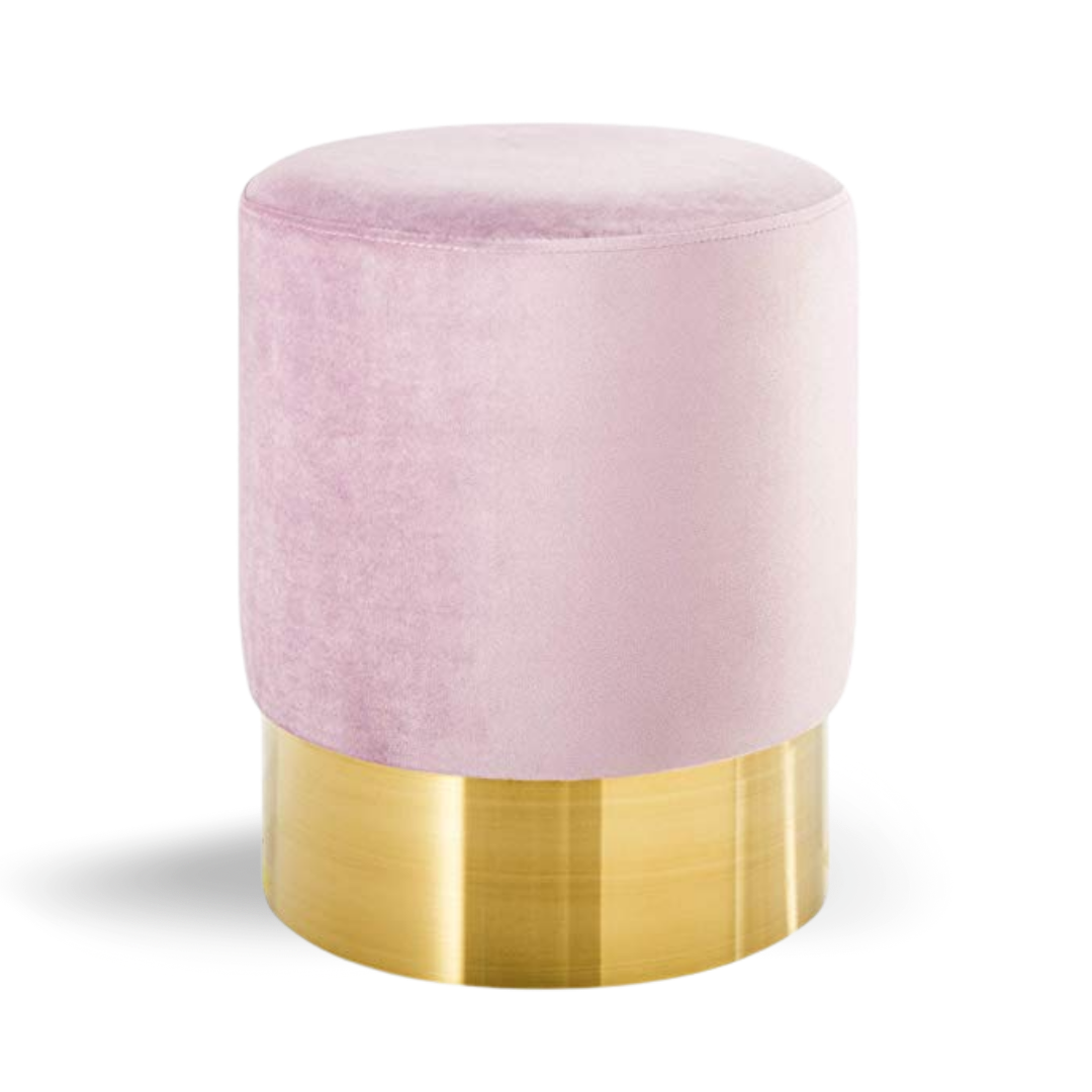Hethro Round Ottoman Baby Pink Velvet Gold Base| Event Rentals Dubai