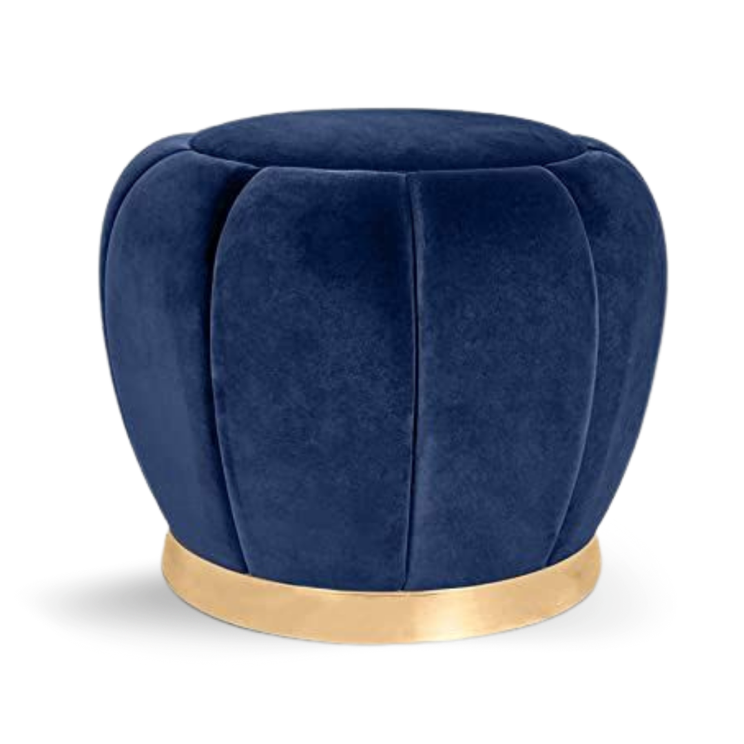 LOTUS ROUND OTTOMAN NAVY VELVET GOLD BASE