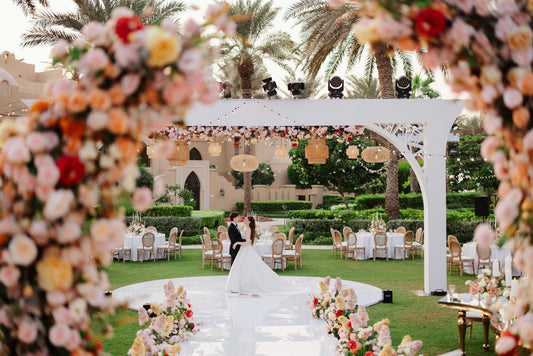 Luxury destination wedding setup in Dubai with elegant decoration and outdoor venue