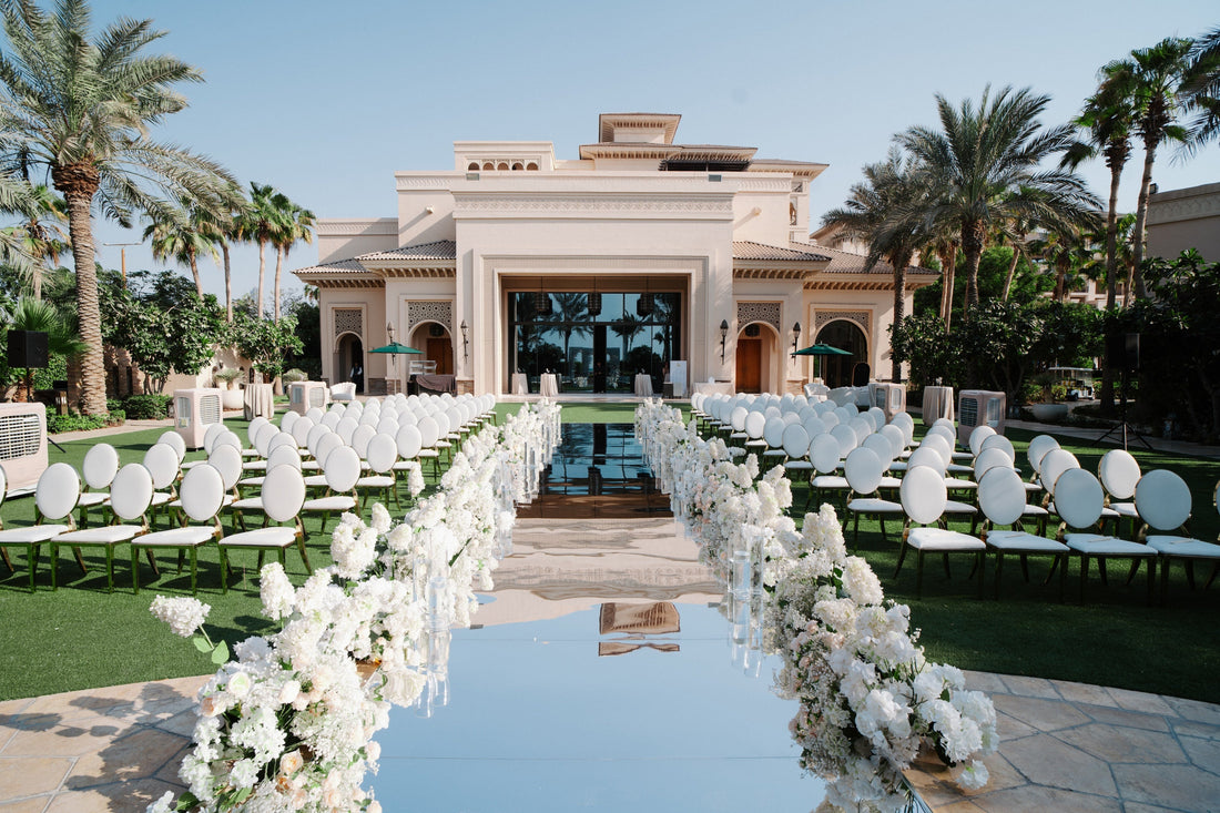 Luxury wedding venue in Dubai with elegant decoration and lighting setup