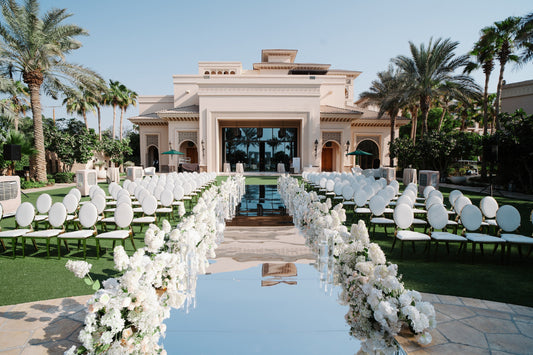 Luxury wedding venue in Dubai with elegant decoration and lighting setup
