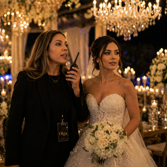 wedding planner Dubai coordinating bride during luxury wedding reception with chandeliers and candles