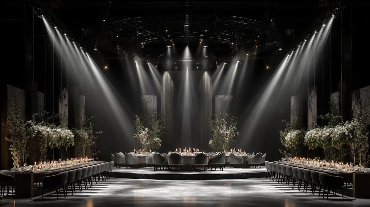 Wedding decoration Dubai stage setup with lighting and flowers