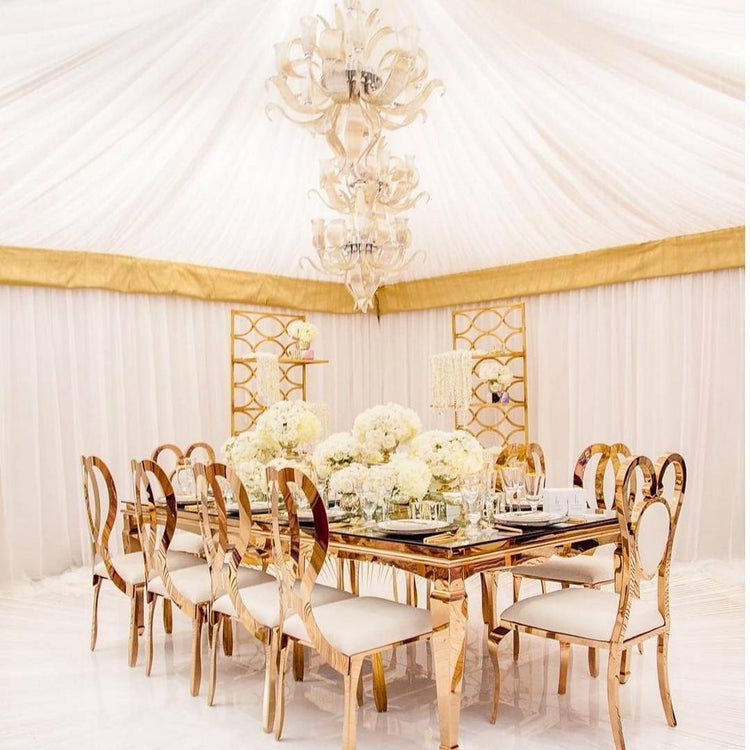 Event furniture rental Dubai GOLD STEAL DINING TABLE WITH MIRROR  ON TOP 8-10 PEOPLE 