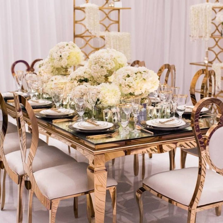 GOLD MIRROR-TOPPED DINING TABLE  8-10 PEOPLE