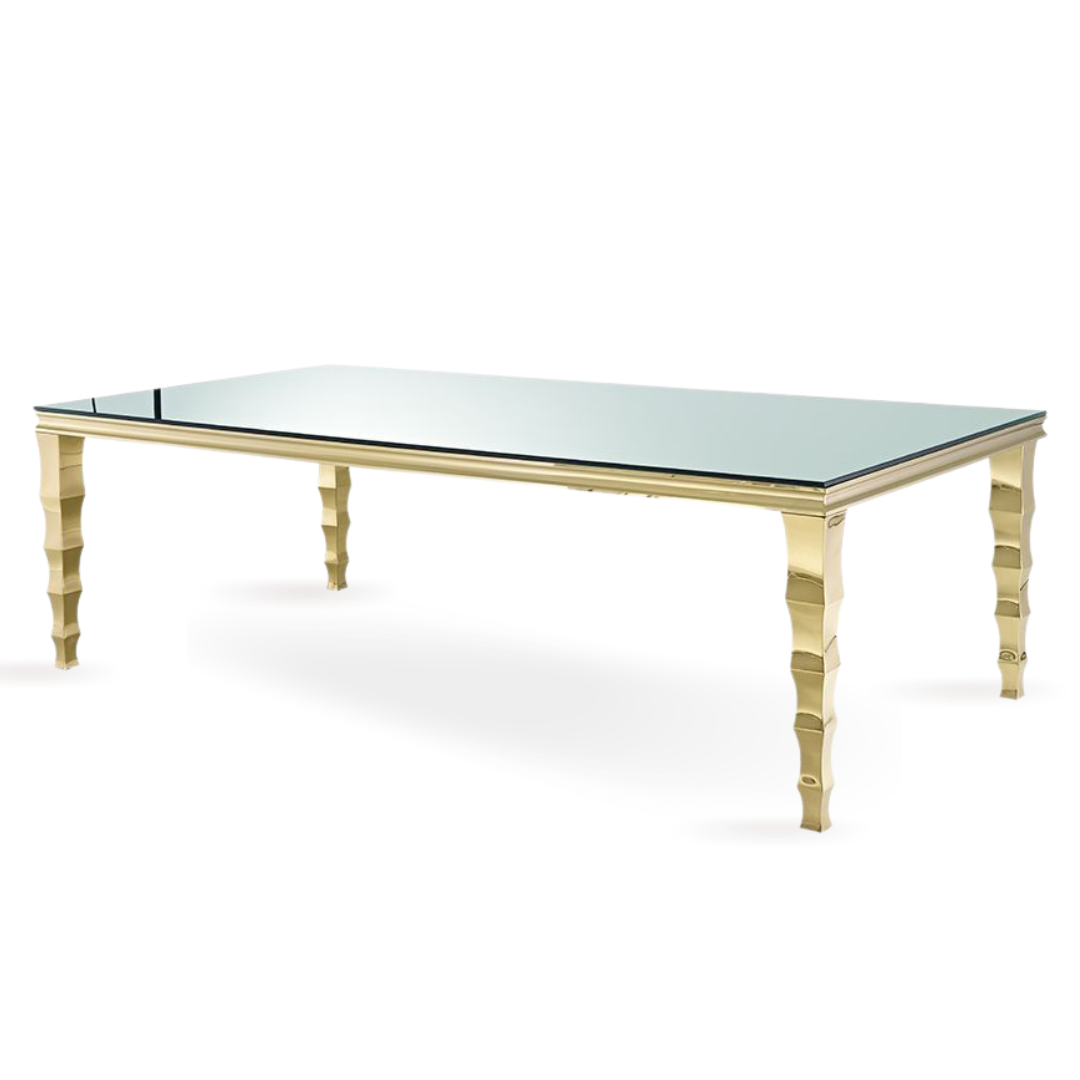 Event furniture rental Dubai GOLD STEAL DINING TABLE WITH MIRROR  ON TOP 8-10 PEOPLE 