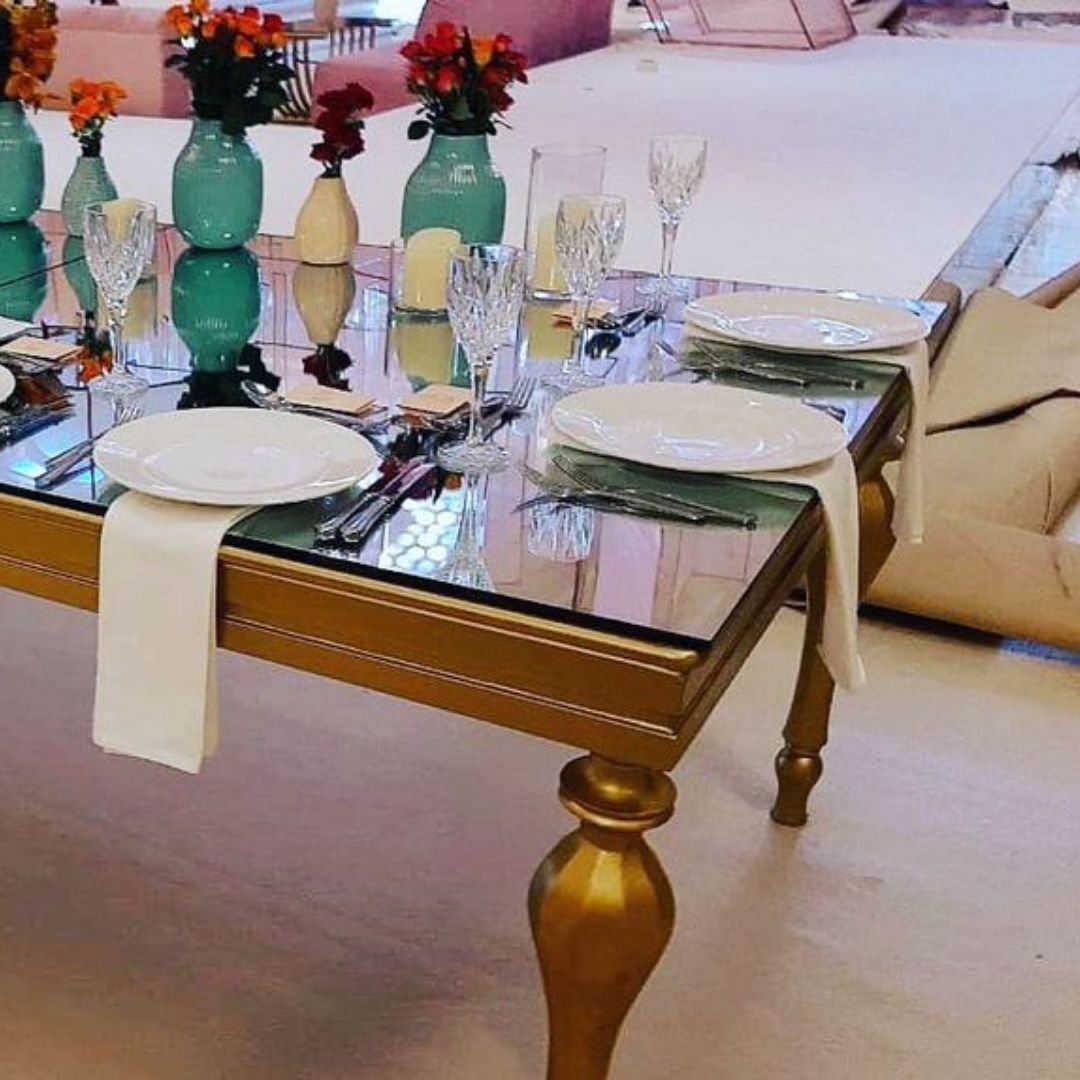 Golden Wooden Dining Table 8-12 ppl | Dubai Rental Furniture | Event Rentals 