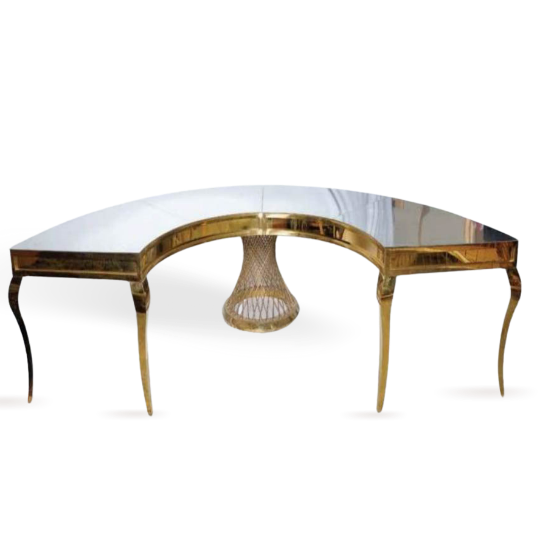 HALF MOON GOLD DINING TABLE FROSTED TOP 16-25 PEOPLE