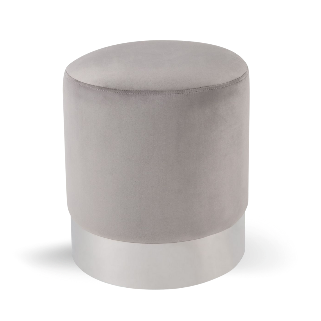 Round Ottoman Light Gray Velvet Silver Base| Event Rentals Dubai 