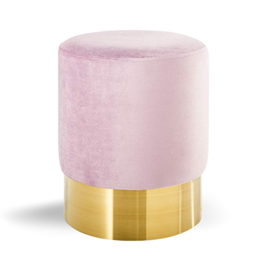 Hethro Round Ottoman Baby Pink Velvet Gold Base| Event Rentals Dubai 