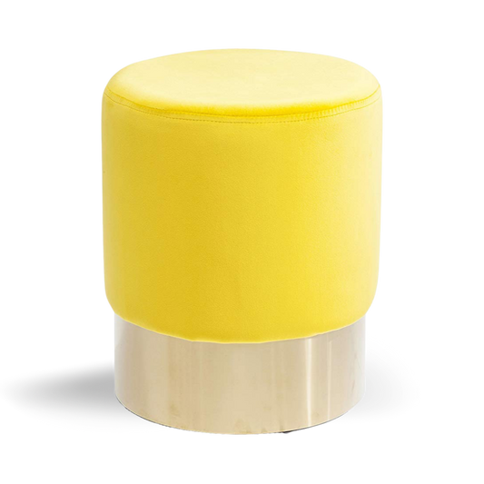 Hethro Round Ottoman Yellow Velvet Gold Base| Event Rentals Dubai 