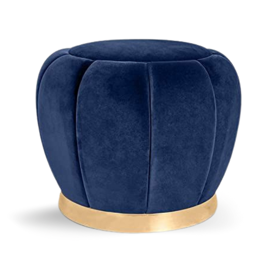 LOTUS ROUND OTTOMAN NAVY VELVET GOLD BASE