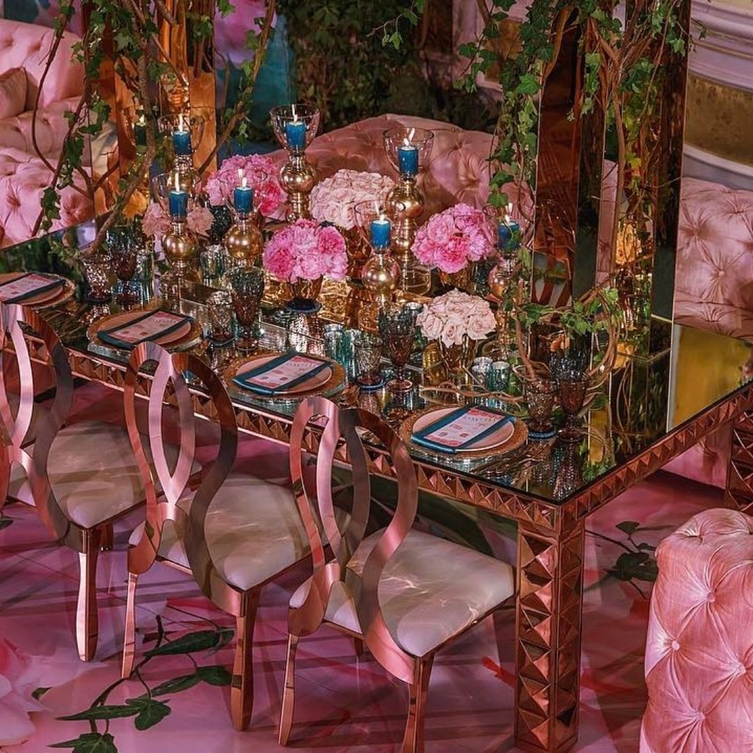 ROSE GOLD STEAL RECTANGULAR DINING TABLE WITH MIRROR ON TOP 8-10 PEOPLE