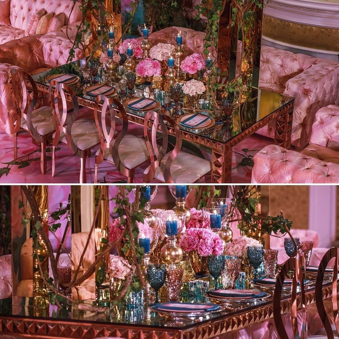 ROSE GOLD STEAL RECTANGULAR DINING TABLE WITH MIRROR ON TOP 8-10 PEOPLE