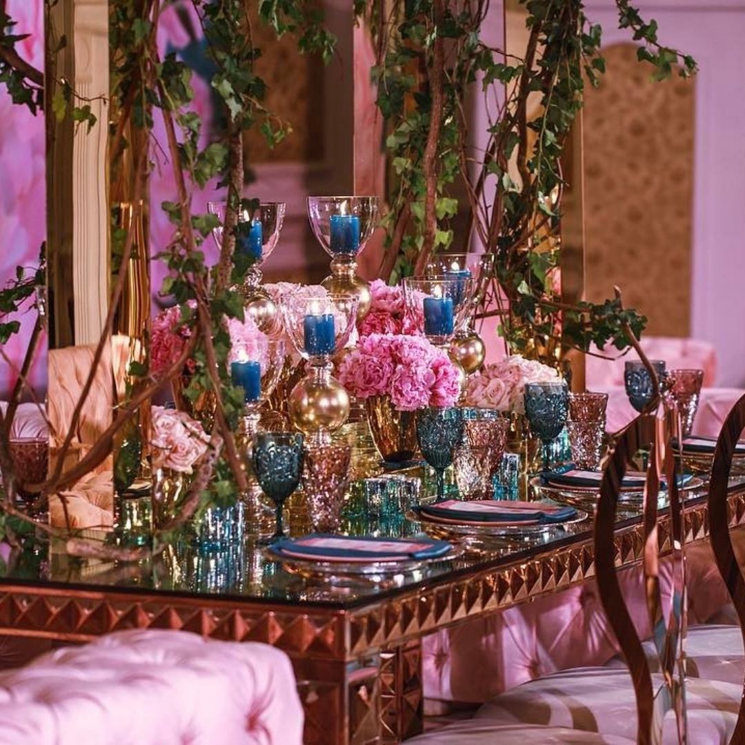 ROSE GOLD STEAL RECTANGULAR DINING TABLE WITH MIRROR ON TOP 8-10 PEOPLE