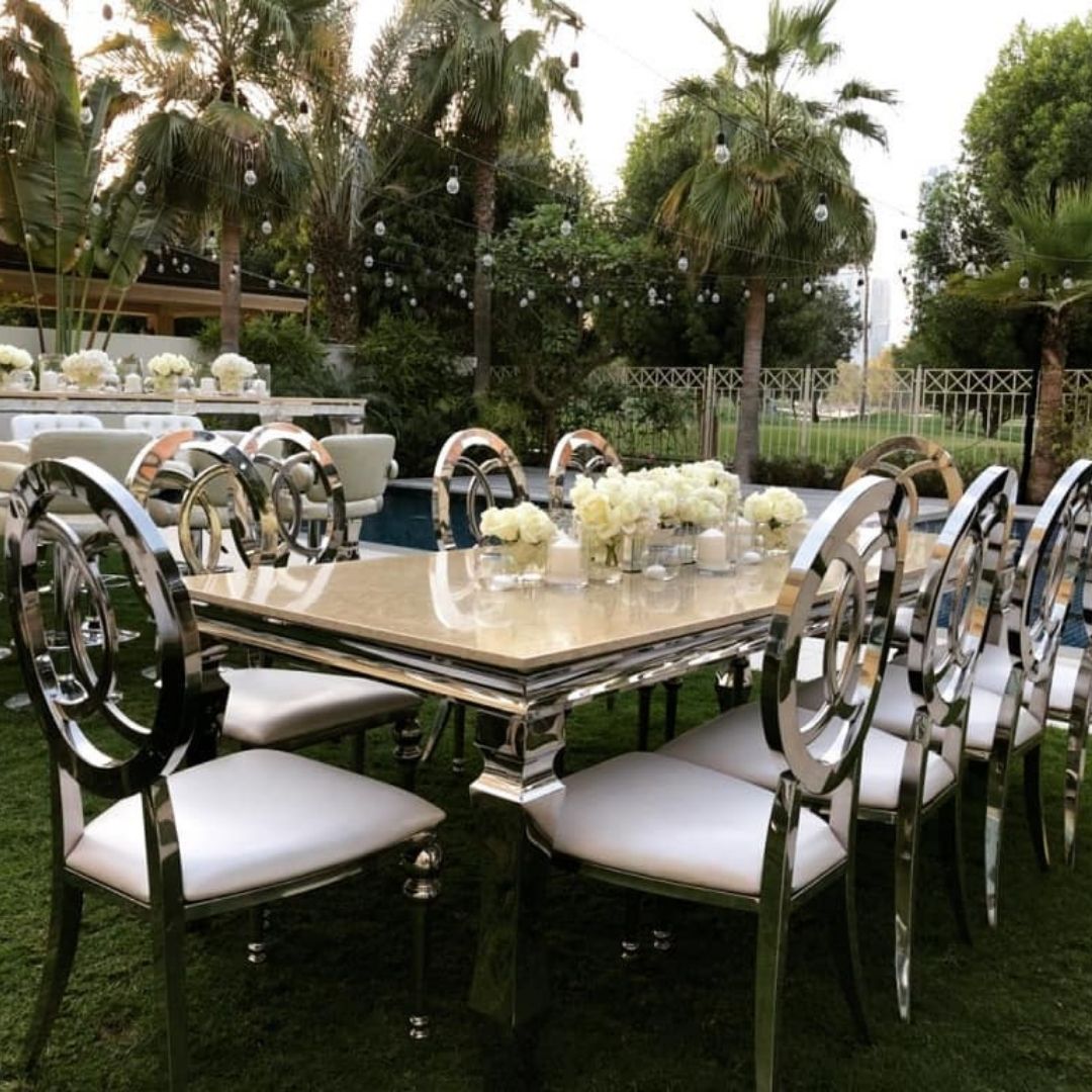 Silver steal dining table with mirror on top 8-10 people