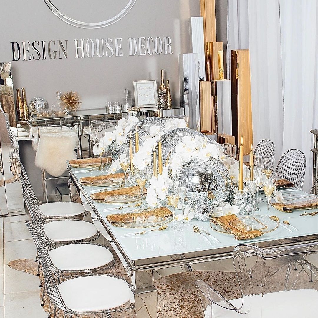 Silver steal dining table with mirror on top 8-10 people